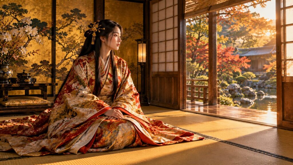 金屏風の座敷に座る秀長の娘・末のイメージ（イラスト）