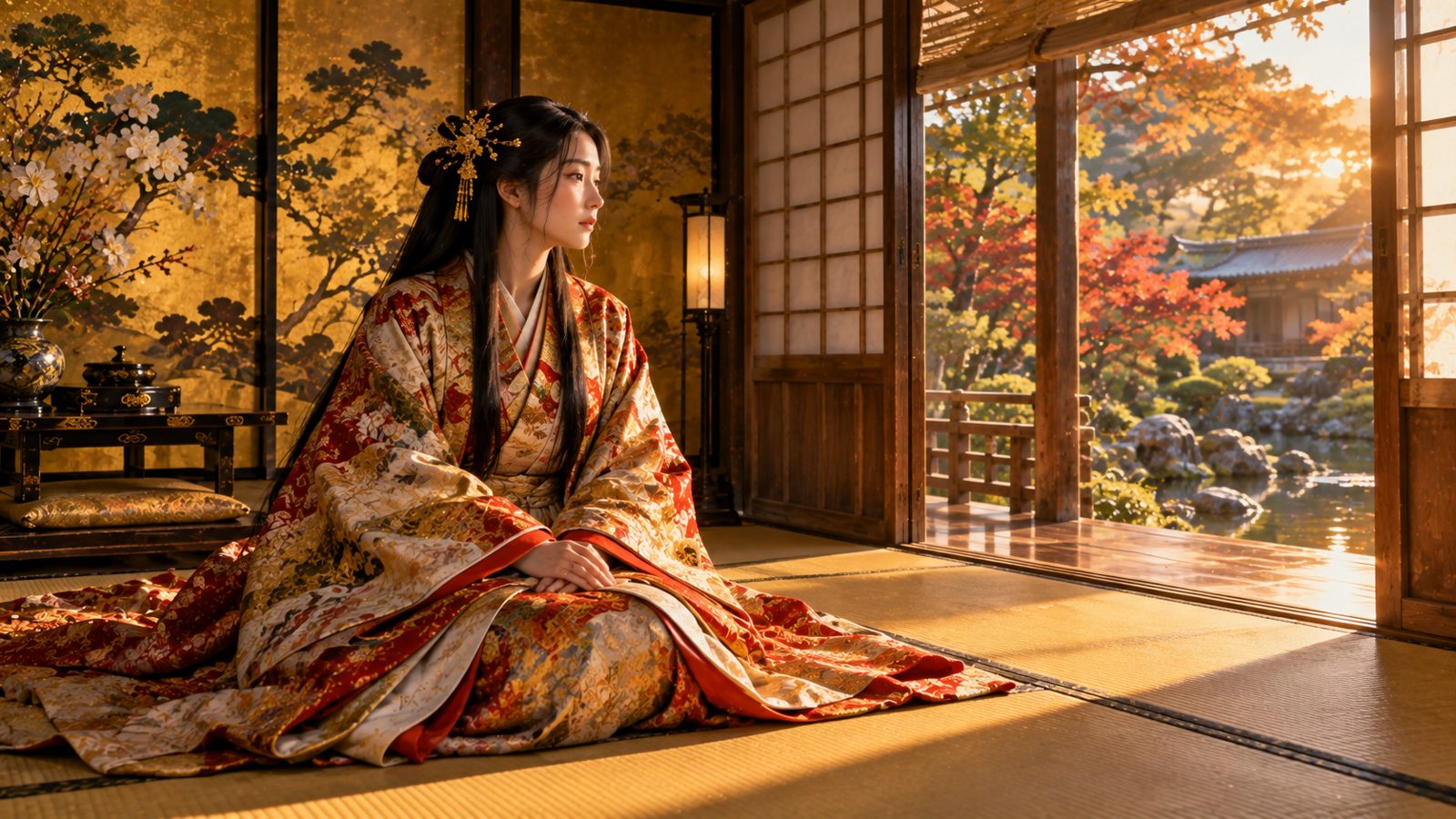 金屏風の座敷に座る秀長の娘・末のイメージ（イラスト）