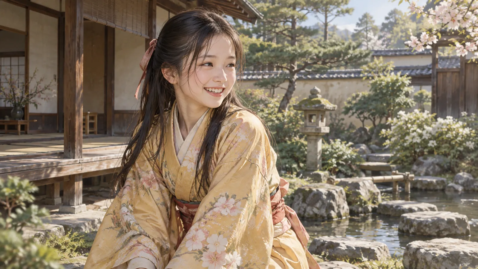 大和郡山城の屋敷の庭で笑う秀長の娘(イメージ)