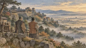 大和の山城の石垣の上から奈良盆地を見下ろす二人の武将のイメージ（イラスト）