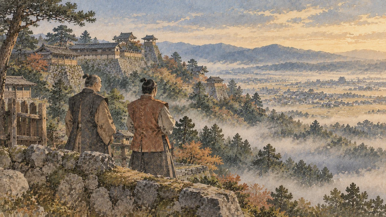 大和の山城の石垣の上から奈良盆地を見下ろす二人の武将のイメージ（イラスト）