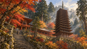 紅葉に包まれた多武峰の十三重塔のイメージ（イラスト）