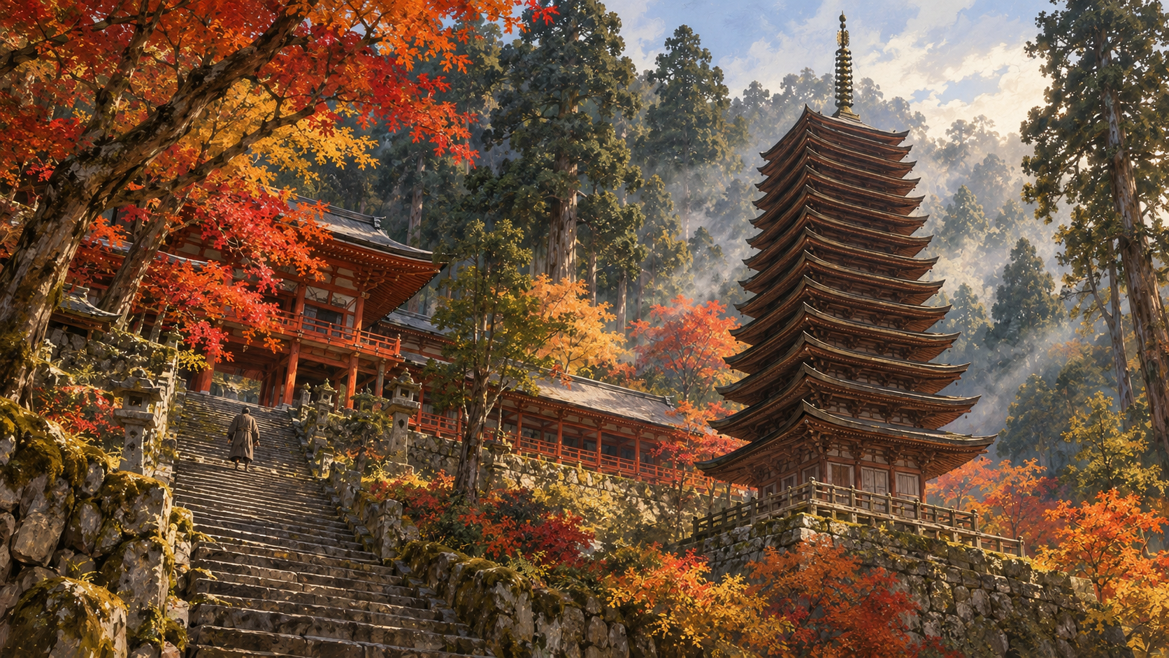 紅葉に包まれた多武峰の十三重塔のイメージ(イラスト)