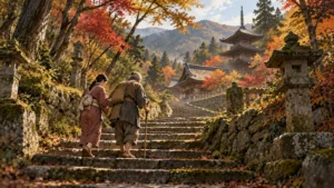 紅葉の山寺の石段を、杖をついた男性が女性に支えられて上る。上に三重塔（イメージイラスト）
