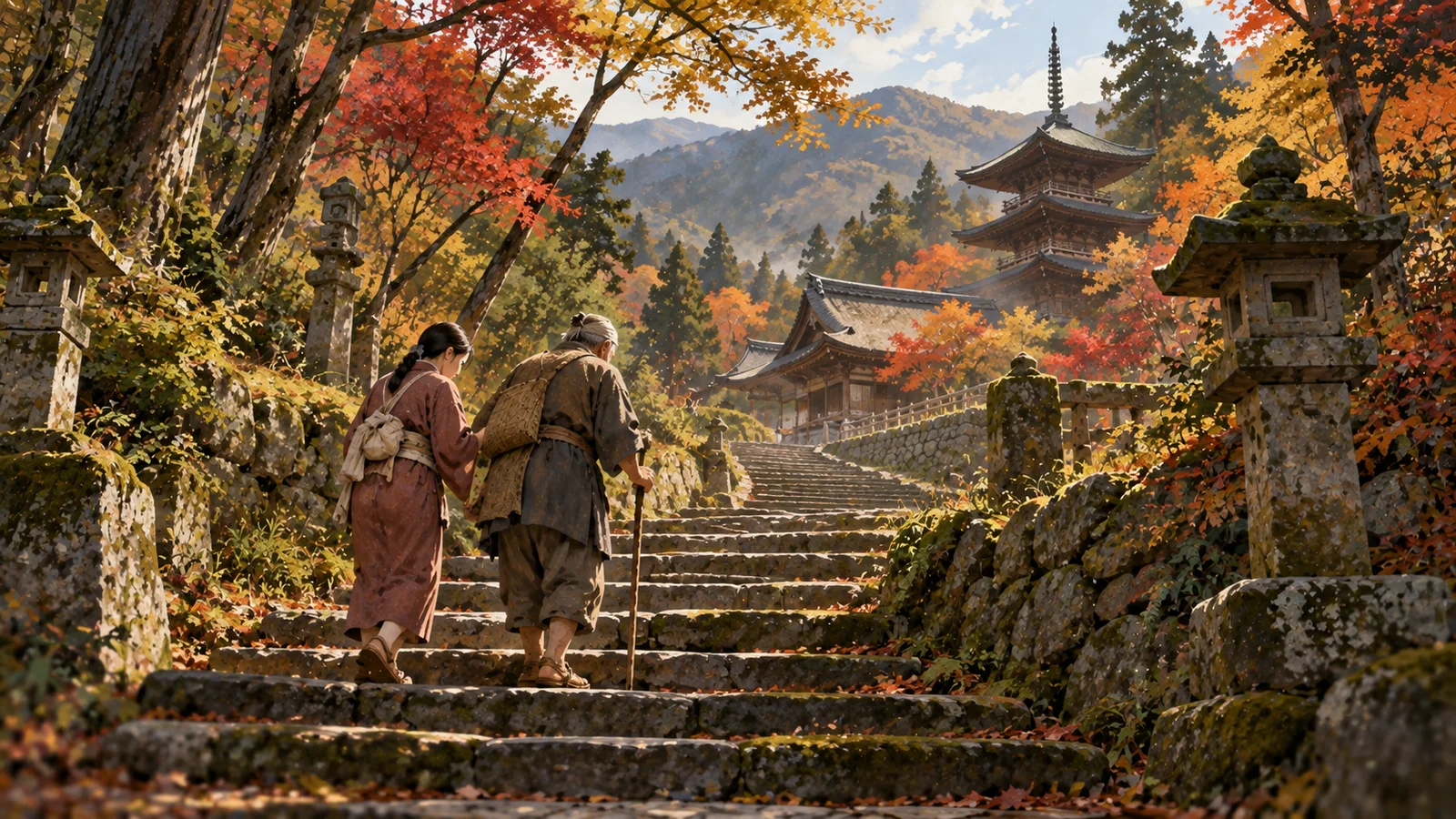 紅葉の山寺の石段を、杖をついた男性が女性に支えられて上る。上に三重塔（イメージイラスト）