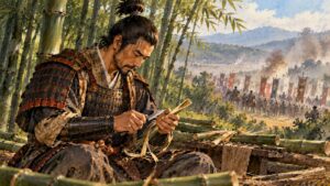 竹やぶに腰を下ろし、小刀で竹を削って茶杓をつくる甲冑姿の武将のイメージ（イラスト）