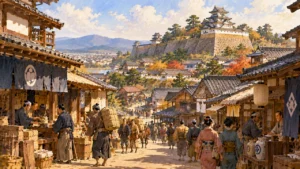 家紋を染めたのれんの店が軒を連ね、荷を背負う人や馬借が行き交う戦国末期の城下町のイメージイラスト