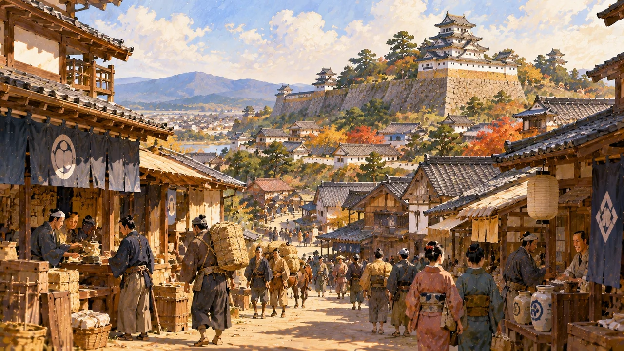 家紋を染めたのれんの店が軒を連ね、荷を背負う人や馬借が行き交う戦国末期の城下町のイメージイラスト