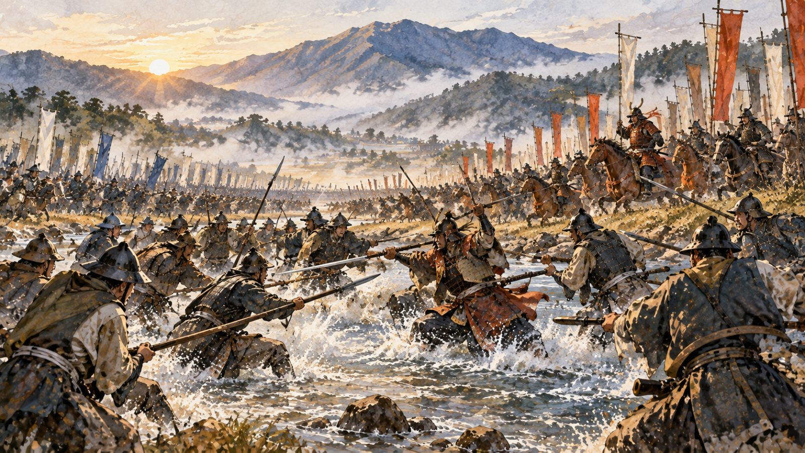 浅い川の中で両軍が槍を交える姉川の戦いのイメージ(イラスト)