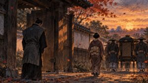 夕暮れの武家屋敷の門前で、迎えの輿へ向かう女性と、門の内でうつむく夫