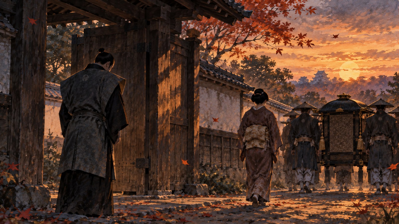 夕暮れの武家屋敷の門前で、迎えの輿へ向かう女性と、門の内でうつむく夫