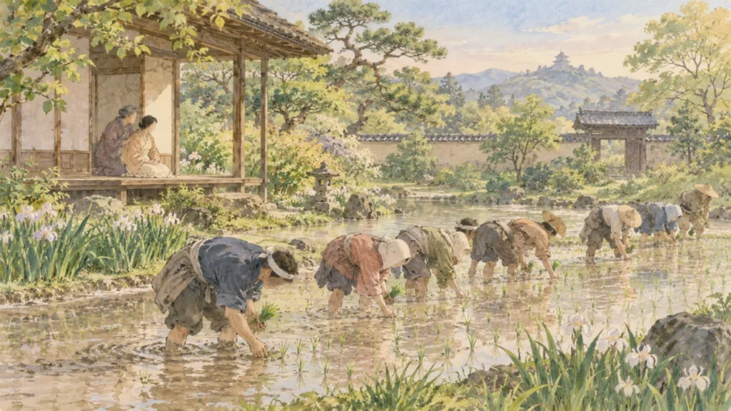 屋敷の庭に作った田んぼで家族が田植えをし、縁側で母に支えられた女性が見守るイメージ（イラスト）
