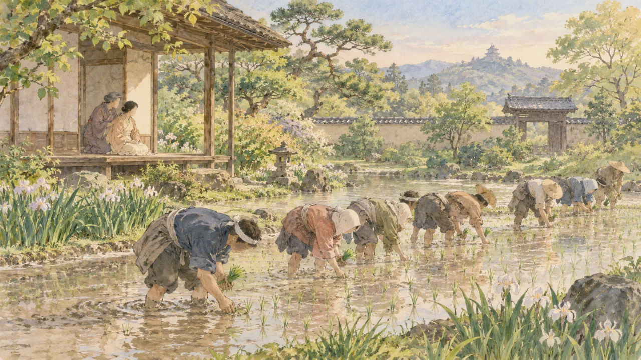 屋敷の庭に作った田んぼで家族が田植えをし、縁側で母に支えられた女性が見守るイメージ（イラスト）