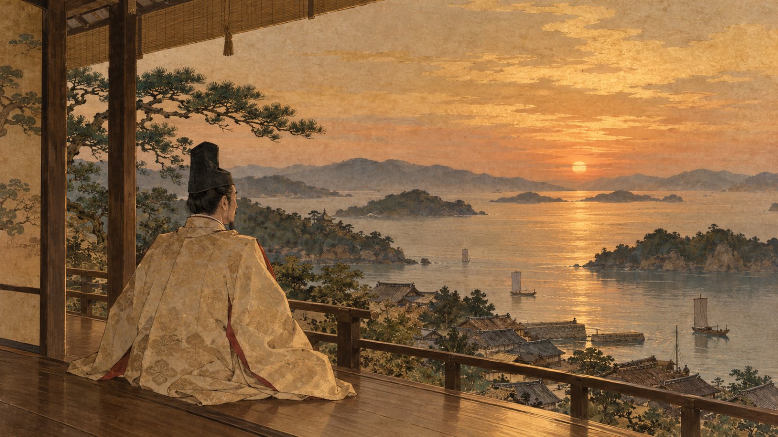 鞆の浦の館から夕暮れの瀬戸内海を眺める足利義昭のイメージイラスト