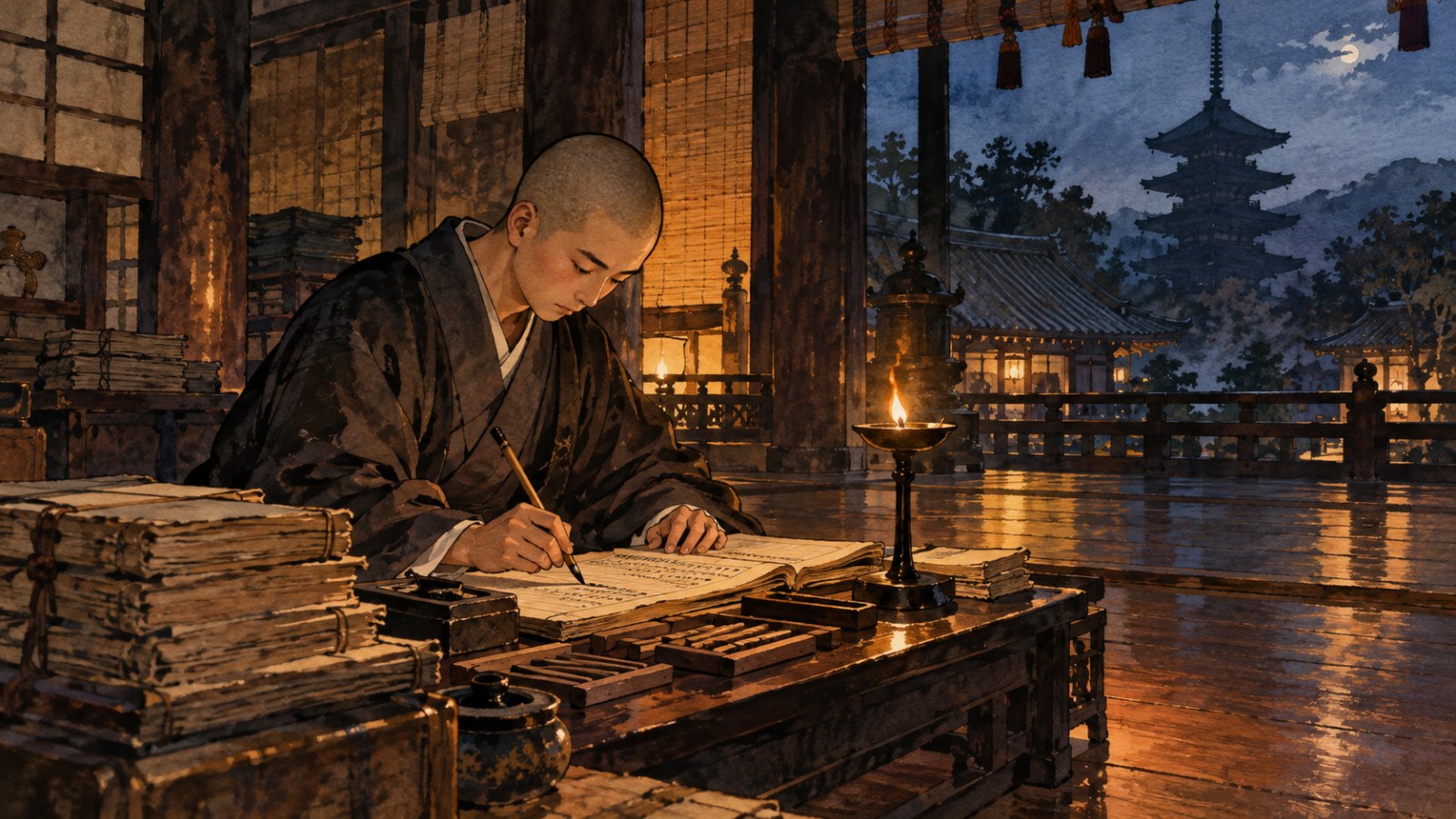 灯明の明かりで年貢の帳面に筆で書き込む若い坊官のイメージ