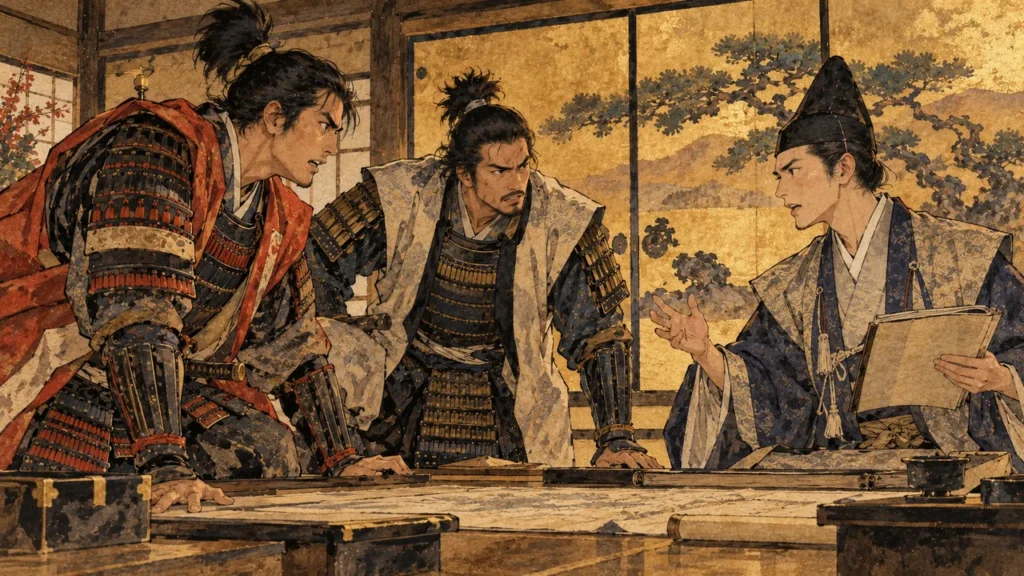 金地の襖の広間で、二人の武者と帳面を持つ官僚風の武将が言い争うイメージイラスト