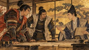 金地の襖の広間で、二人の武者と帳面を持つ官僚風の武将が言い争うイメージイラスト