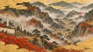山にはさまれた豊前の城井谷と、谷の入口の丘に築かれた砦のイメージ（イラスト）