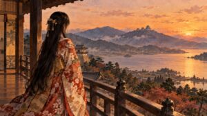 夕暮れの城の縁側に立ち、湖の向こうの山城を見つめる小袖姿の姫のイメージ