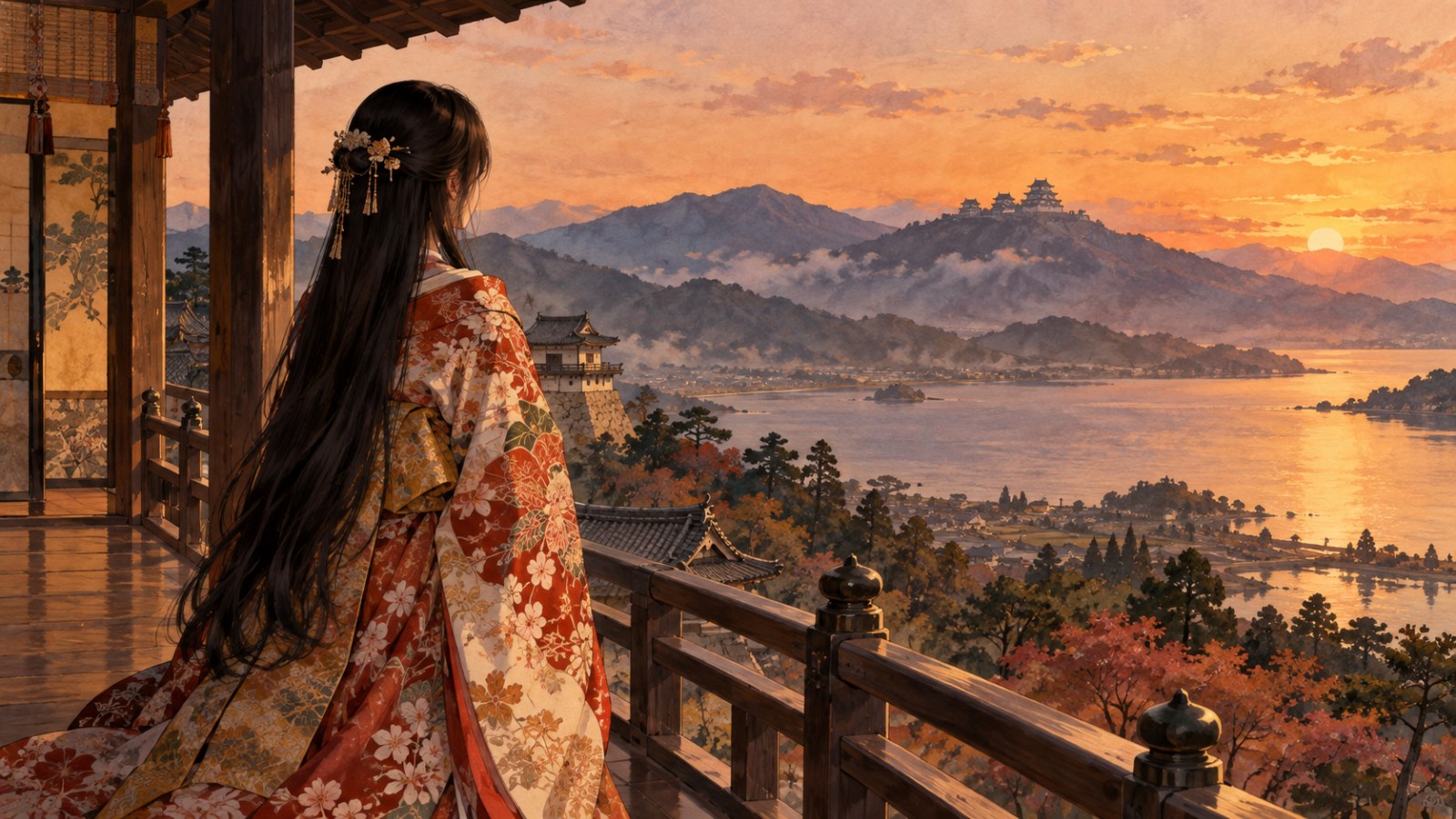 夕暮れの城の縁側に立ち、湖の向こうの山城を見つめる小袖姿の姫のイメージ
