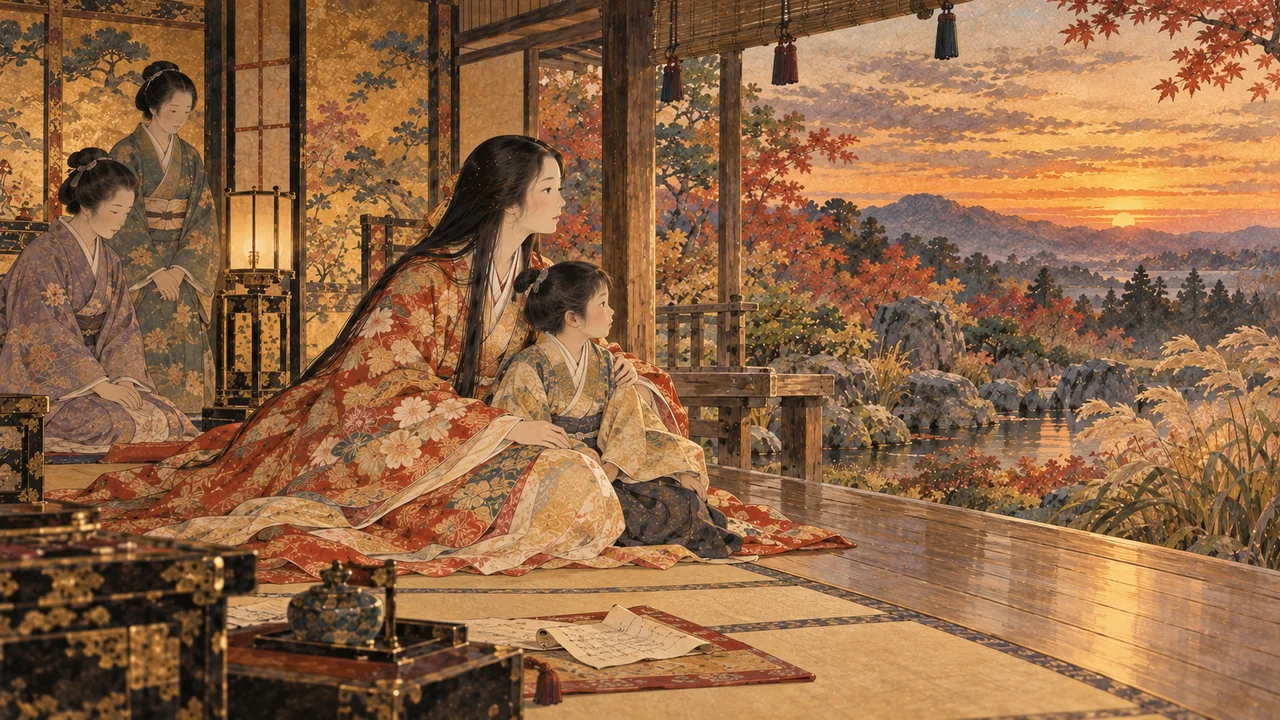 秋の大坂城の奥御殿で、幼い男の子を抱き寄せて東の空を見つめる女性のイメージ(イラスト)