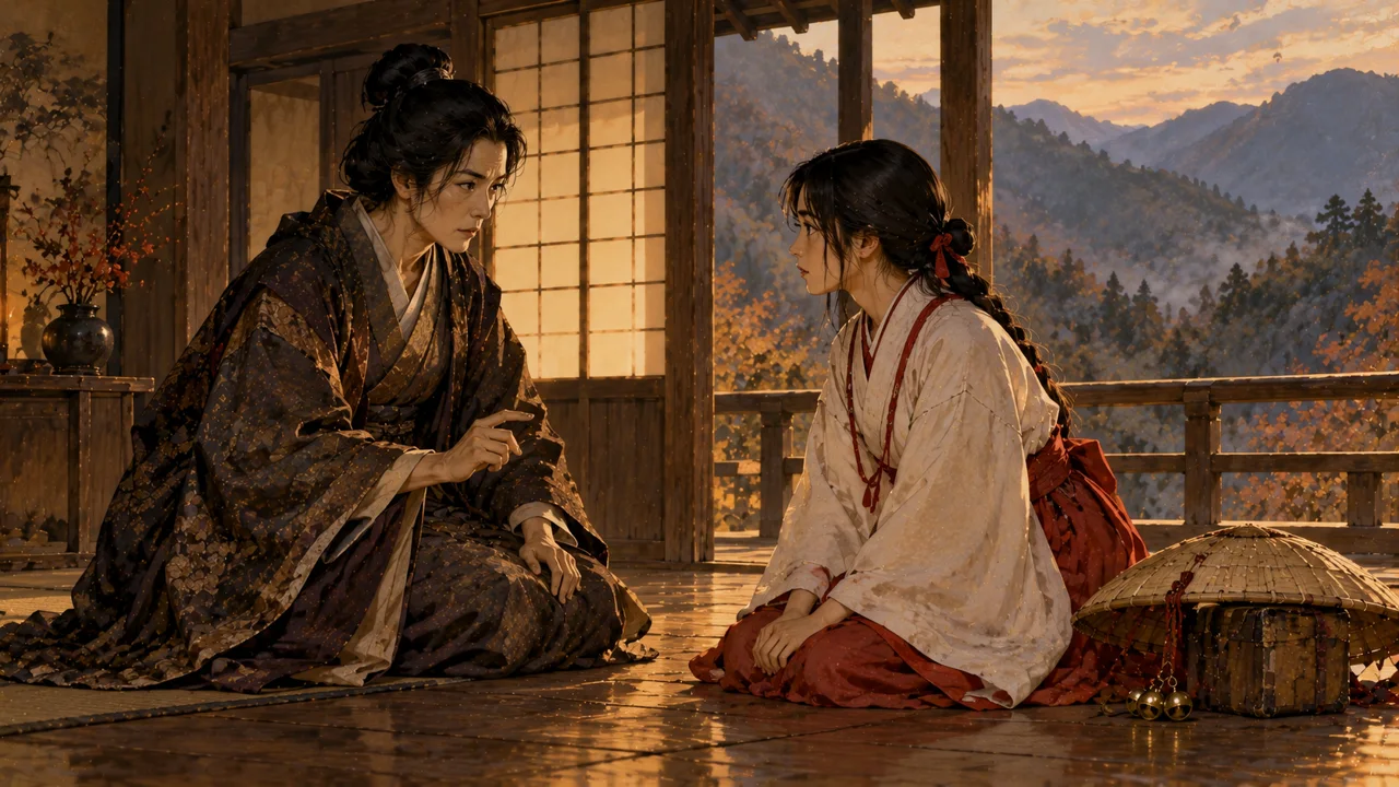 屋敷の板の間で、武家の女性が若い歩き巫女に言い含めるようす（イラスト）