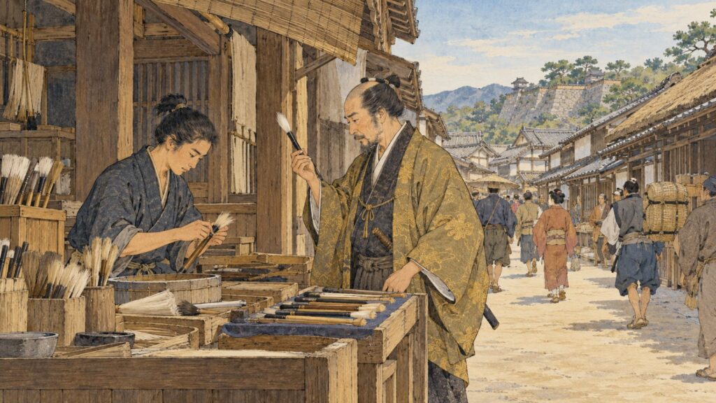 郡山の城下の筆屋で、筆職人の筆を京の絵師が手に取るイメージ（イラスト）