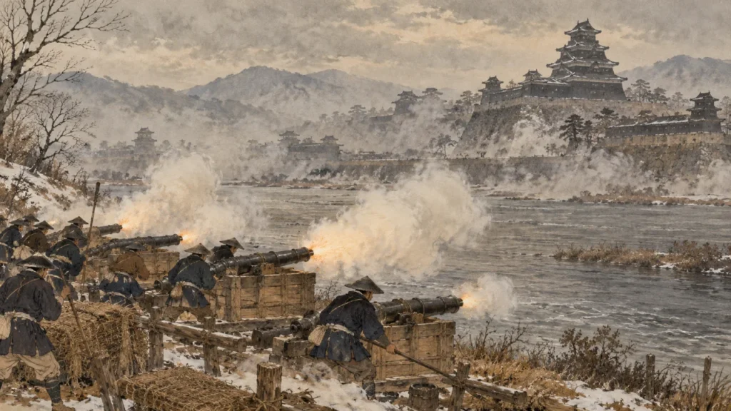 川の対岸に並べた大筒で大坂城を砲撃する徳川方の兵たちのイメージイラスト
