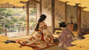 大坂の武家屋敷の奥の部屋で、侍女が洗礼の水を手にする場面のイメージ（イラスト）