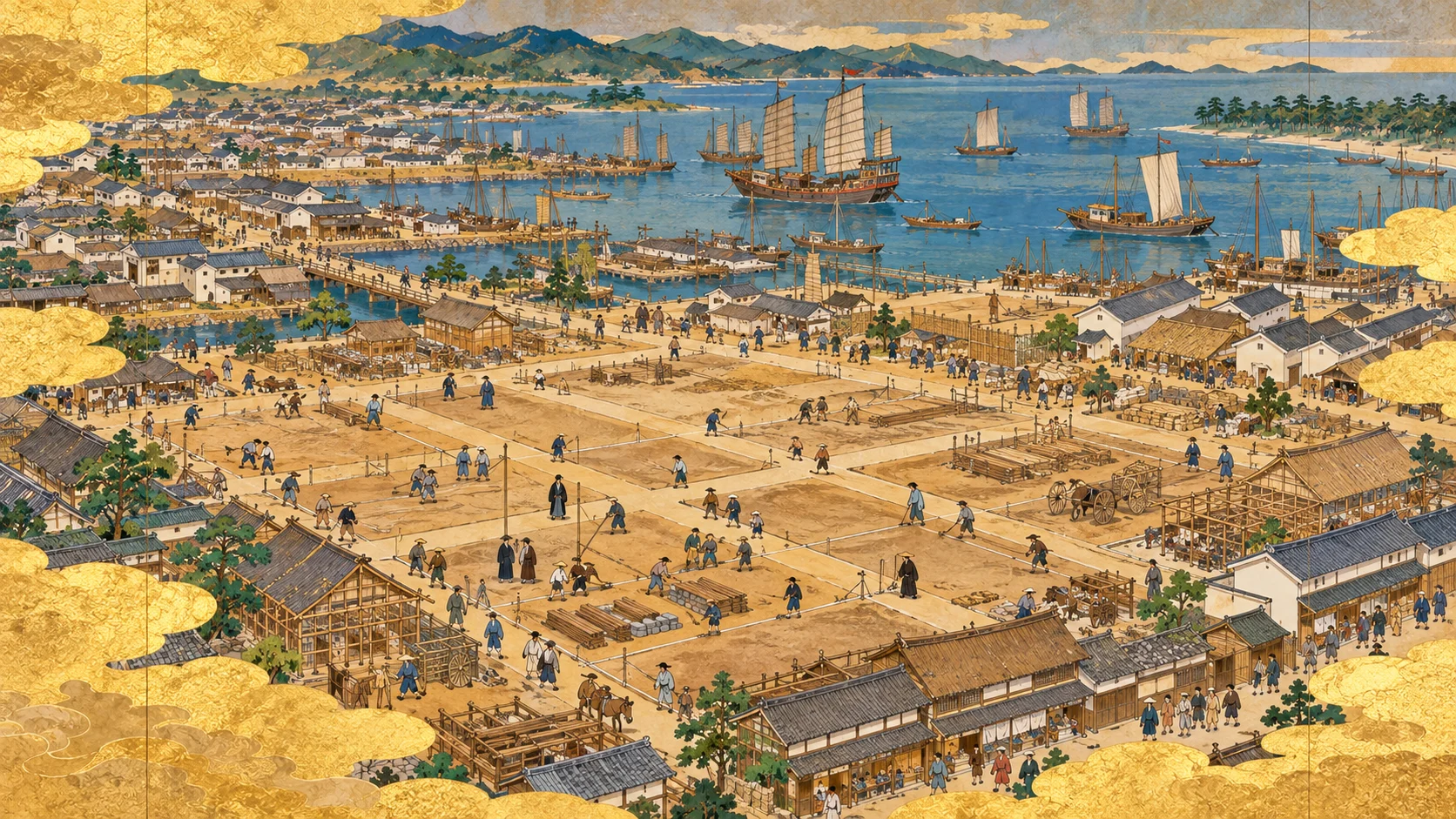 焼け跡に新しい町の区画を測り、町家を建てる博多の太閤町割りのイメージ(イラスト)