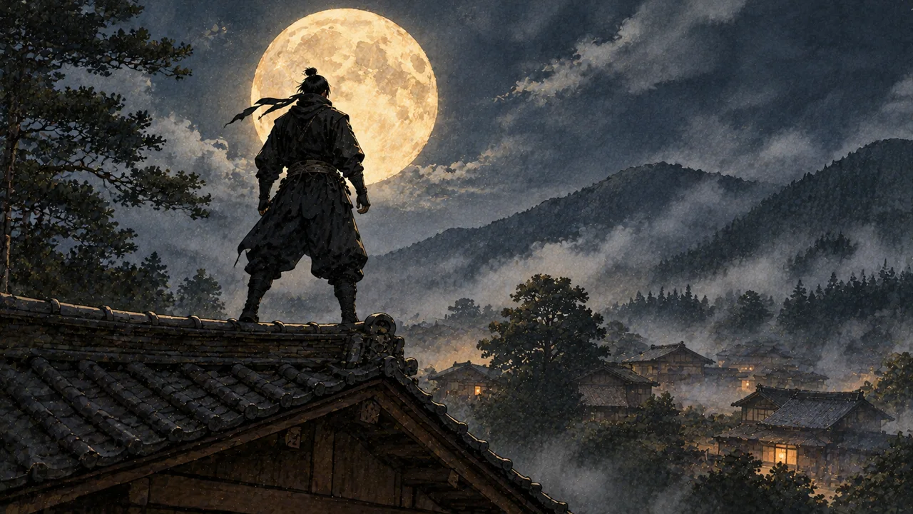 満月の夜、屋根の上に立ち里を見下ろす忍びの頭の後ろ姿(イメージイラスト)