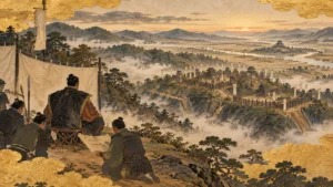 日向の丘の本陣から、空堀と柵で固めた砦を見下ろす総大将と家臣たちのイメージ（イラスト）