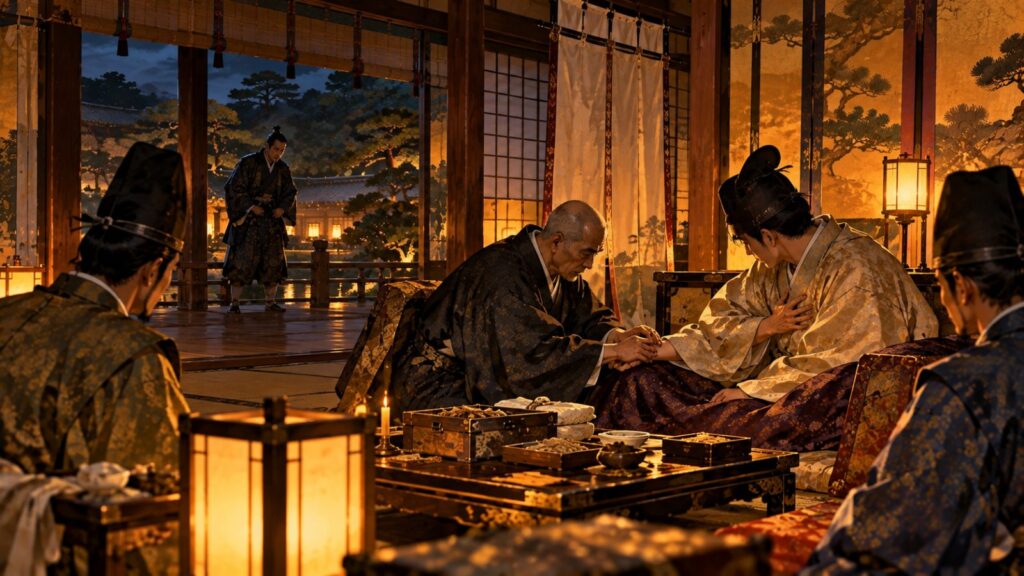行灯の明かりの下で、胸を押さえる若い貴人の脈をとる年配の医師のイメージ(イラスト)