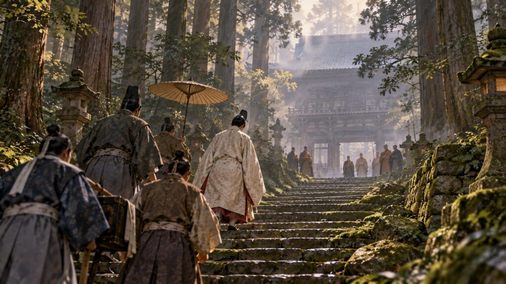霧に包まれた山深い寺の石段を、少ない供を連れて登っていく貴人のイメージ(イラスト)