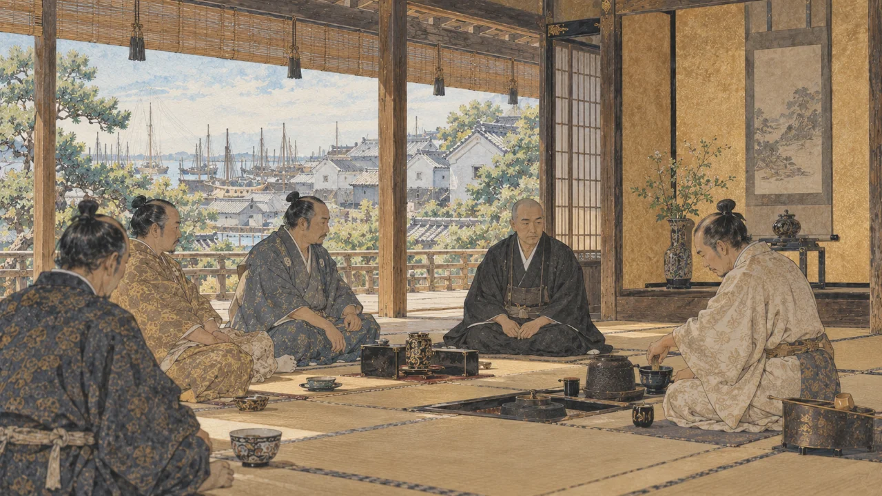 夜の座敷で、灯明のもと秀吉を囲んで僧形の老人や初老の男たちが昔話を語るイメージ(イラスト)