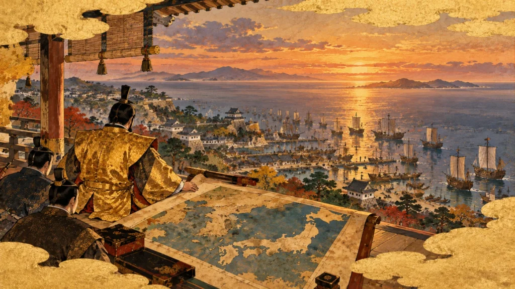 城の縁側で絵地図を広げ、港と海の向こうを見つめる天下人のイメージ（イラスト）