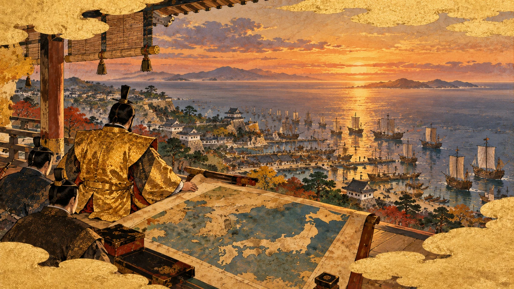 城の縁側で絵地図を広げ、港と海の向こうを見つめる天下人のイメージ（イラスト）