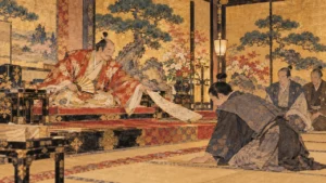 金地の襖絵の大広間で、上座の天下人が領地の目録を差し出し、下座の武将が頭を下げるイメージ（イラスト）