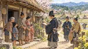 役人が村の家を一軒ずつまわり、家族の人数と職業を帳面に書き上げるイメージ（イラスト）