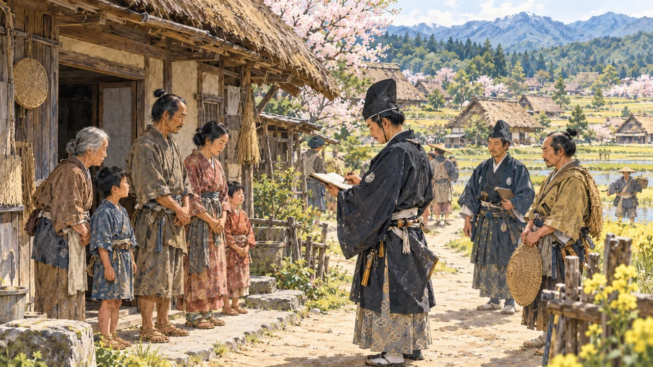 役人が村の家を一軒ずつまわり、家族の人数と職業を帳面に書き上げるイメージ（イラスト）