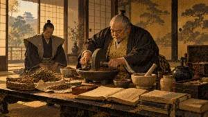 駿府城の書院で薬研を使って生薬をすりつぶす家康のイメージ（イラスト）