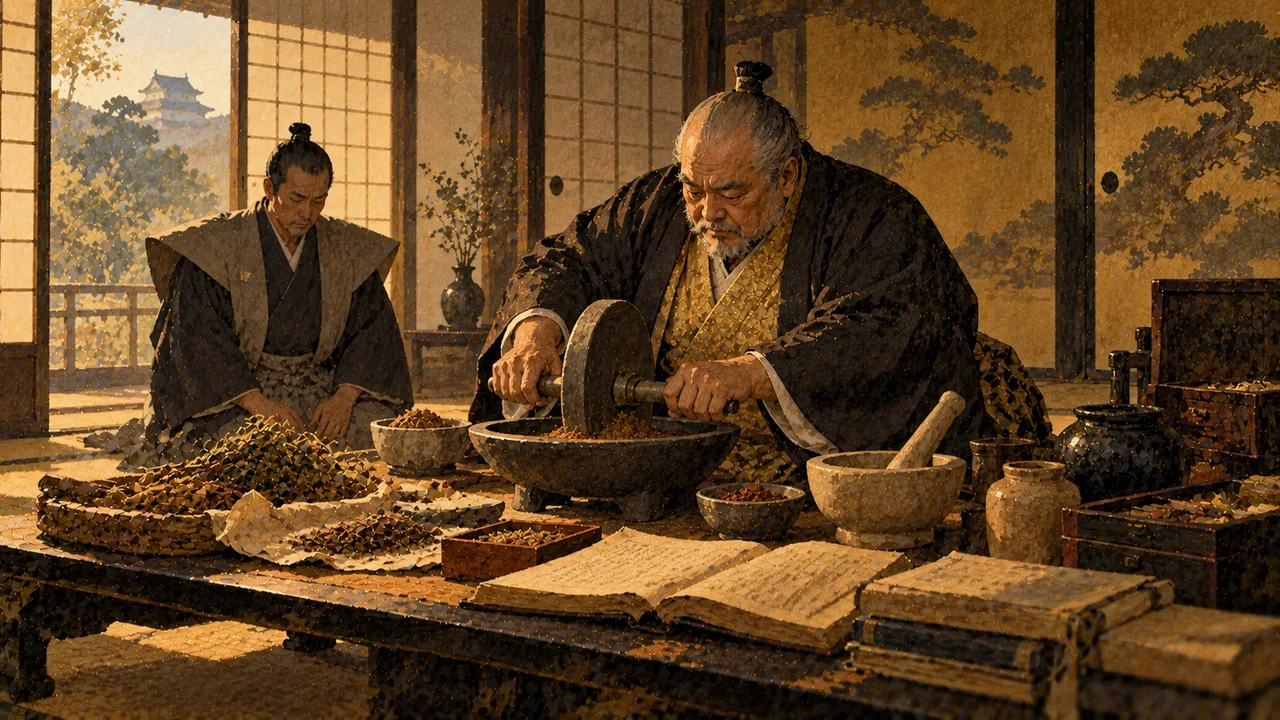 駿府城の書院で薬研を使って生薬をすりつぶす家康のイメージ（イラスト）