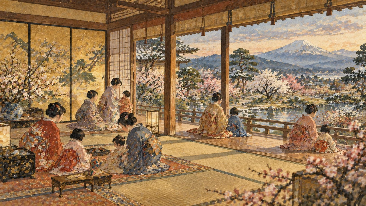 城の奥御殿で過ごす女性たちのイメージイラスト