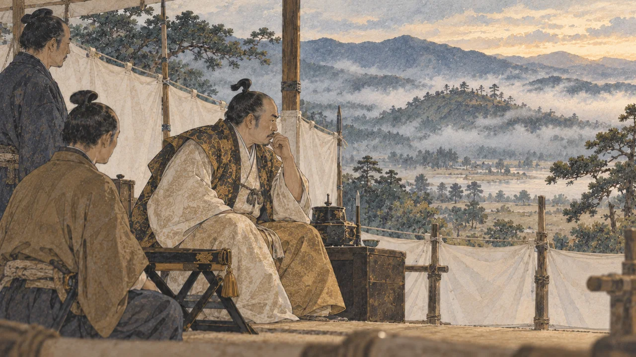 陣幕の中で床几に腰かけ、遠くの山を見つめながら爪を噛む家康のイメージ（イラスト）