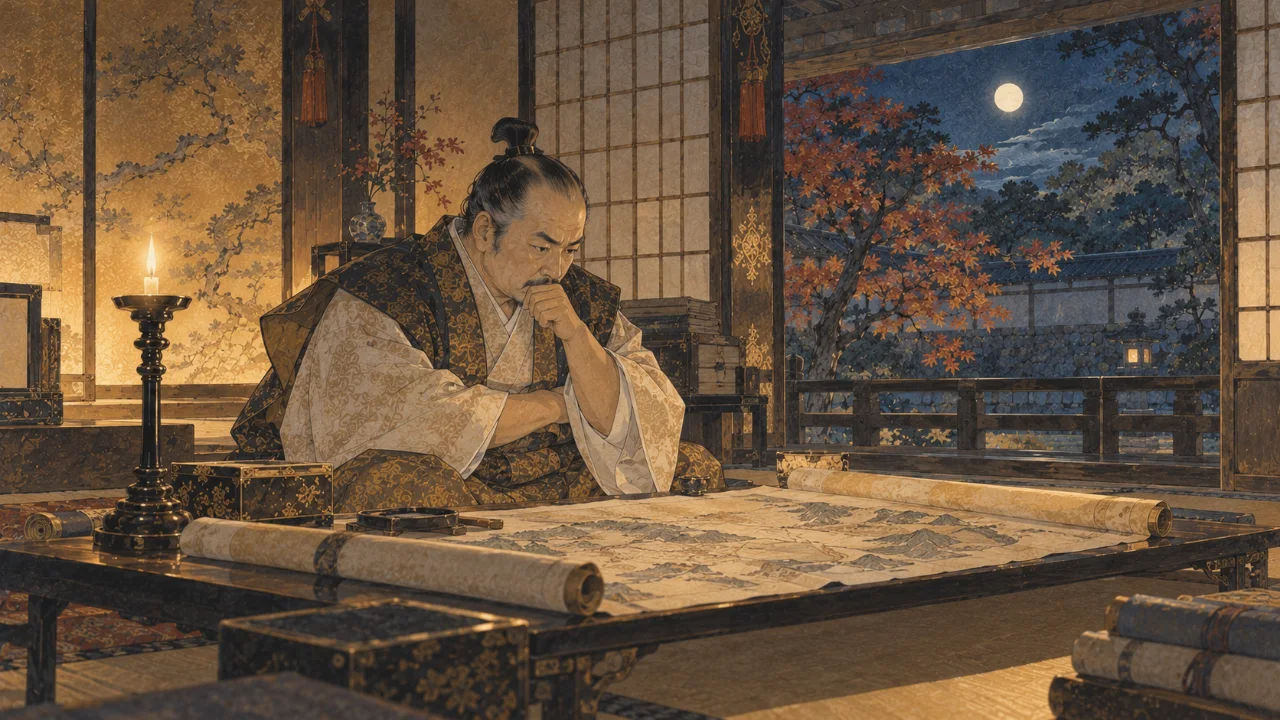 灯火のもとで絵図を前に考えこむ家康のイメージ(イラスト)