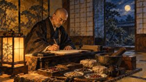 行灯の明かりの下で診療記録を書く戦国時代の医師のイメージ（イラスト）