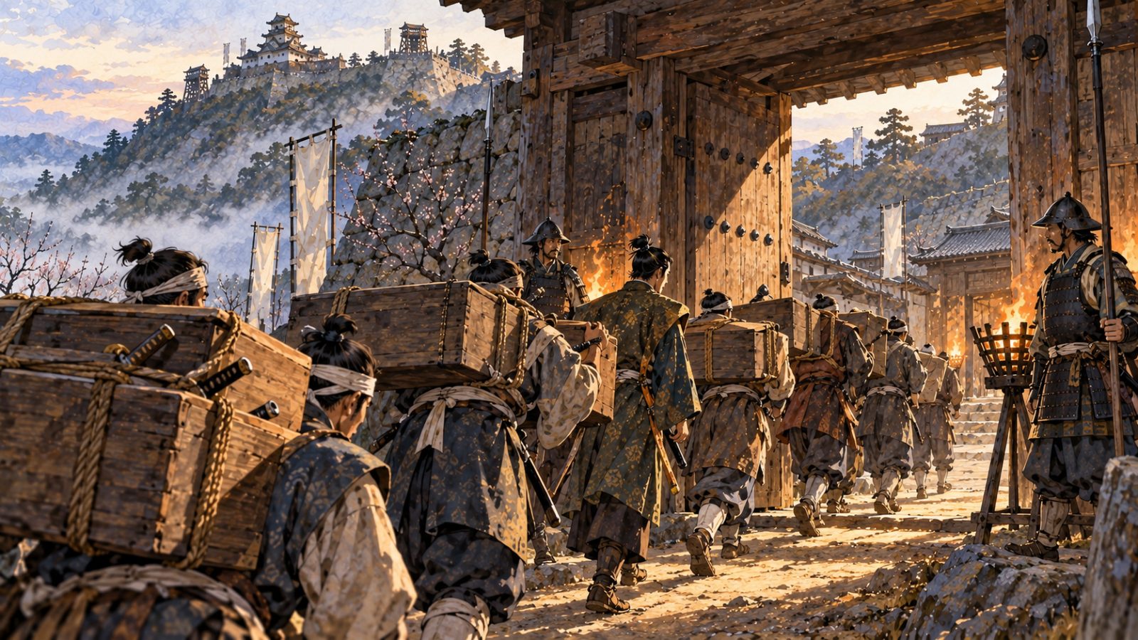 長持を担いで城門をくぐる武士たちのイメージ(イラスト)