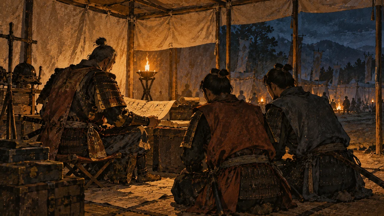 戦国時代の陣中で、灯りの下で書状を読む武将と、それを見つめる二人の若い武将（イメージイラスト）