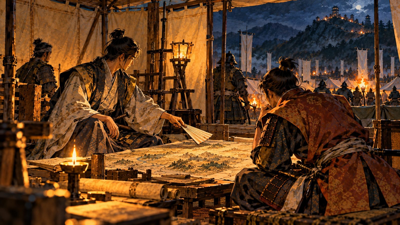 陣幕の中で絵図を広げて策を語る軍師と武将のイメージ(イラスト)