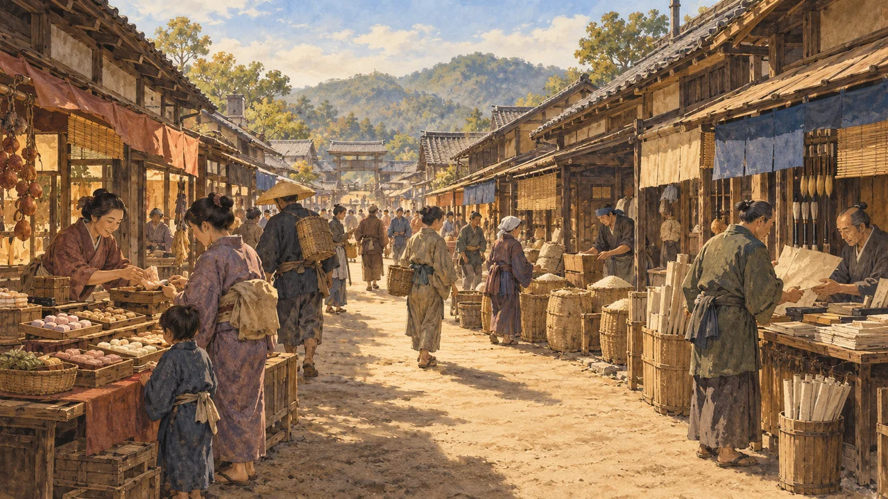戦国時代の終わりごろの城下町の表通りのイメージイラスト